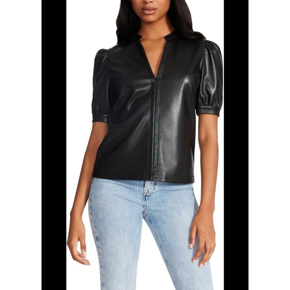 BB Dakota Steve Madden button up faux leather black top women's M with shorts - Picture 4 of 12